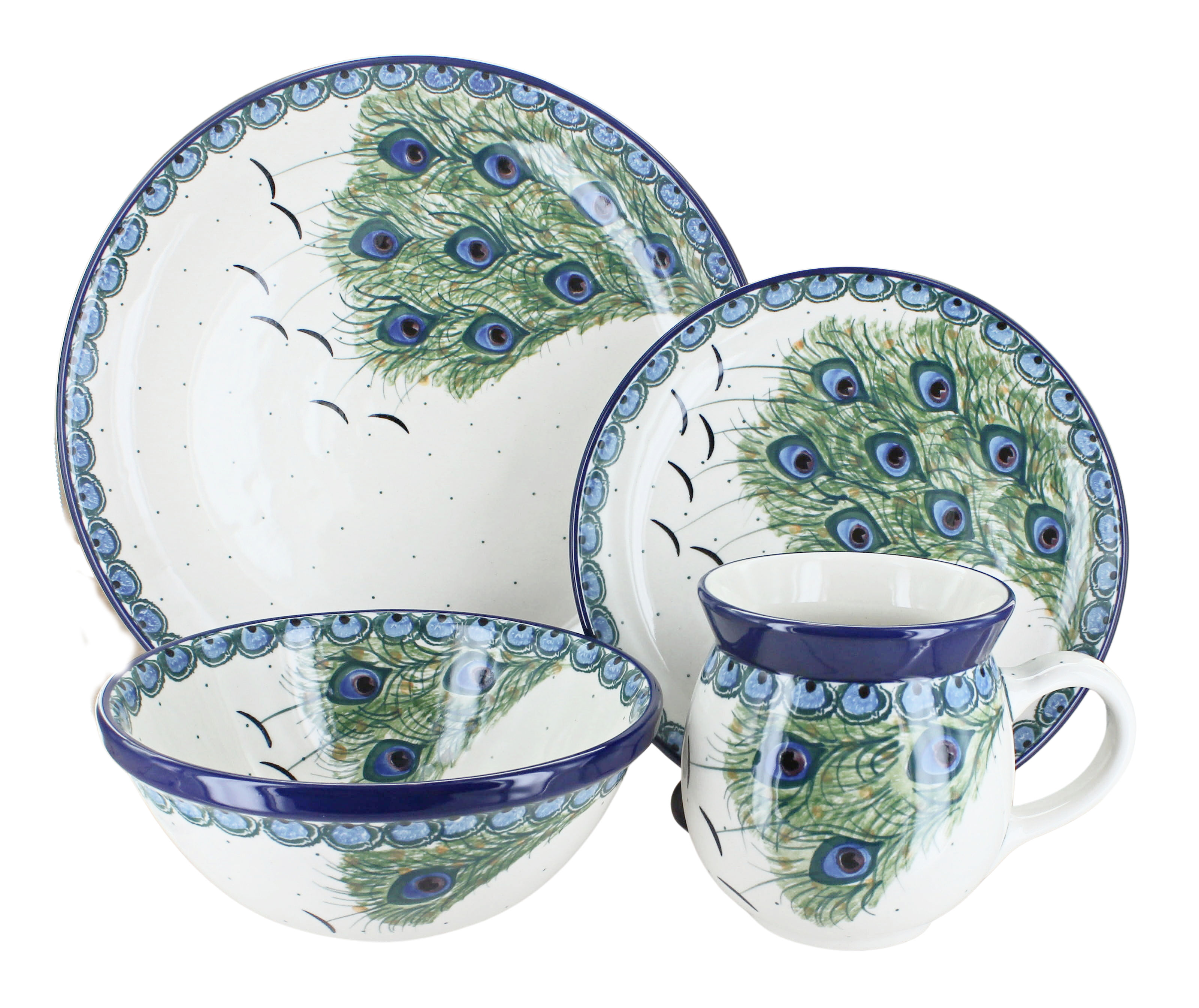 Blue Rose Polish Pottery  Peacock Feather 16 Piece Dinner Set