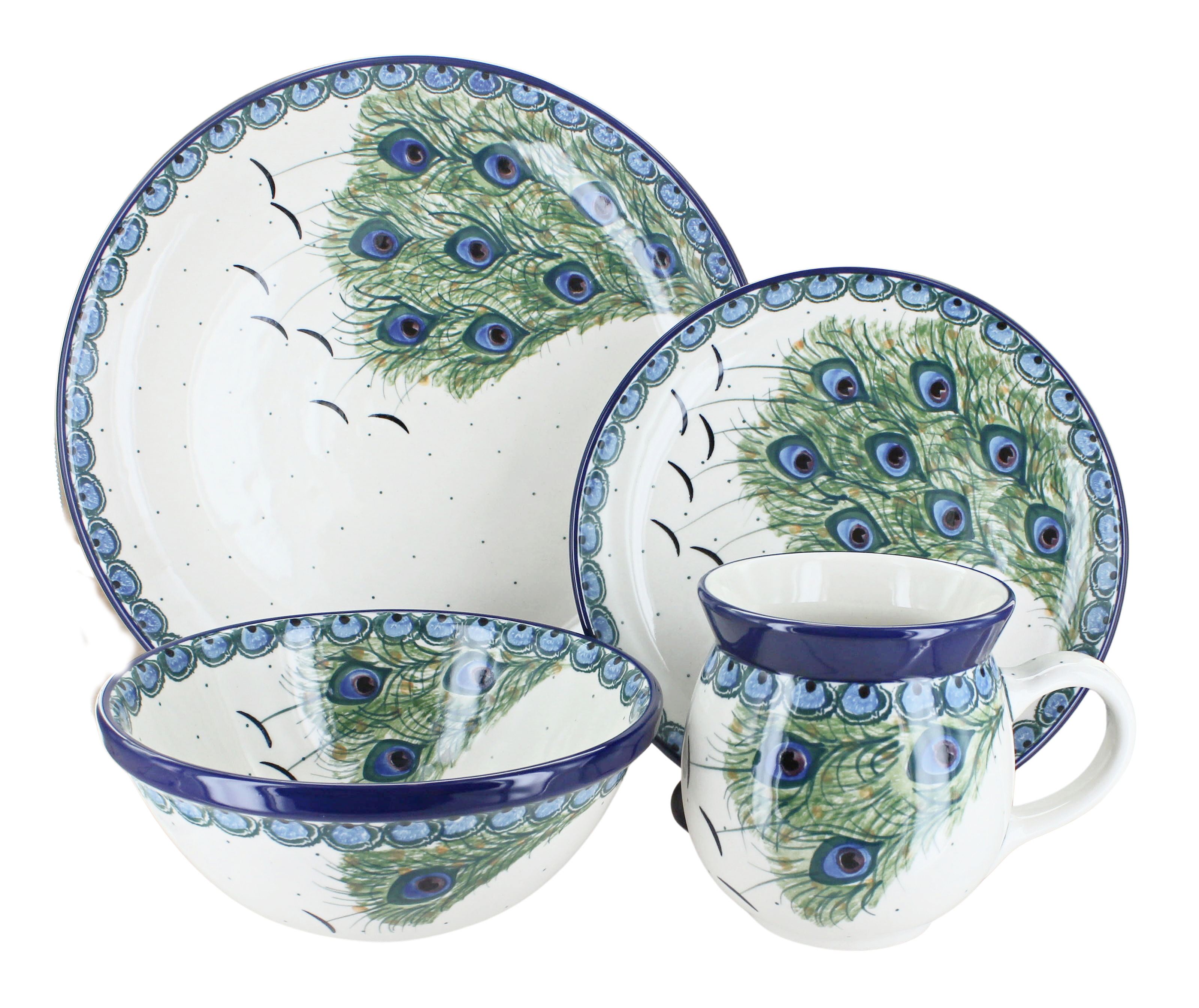 Blue Rose Polish Pottery Peacock Feather 16 Piece Dinner Set
