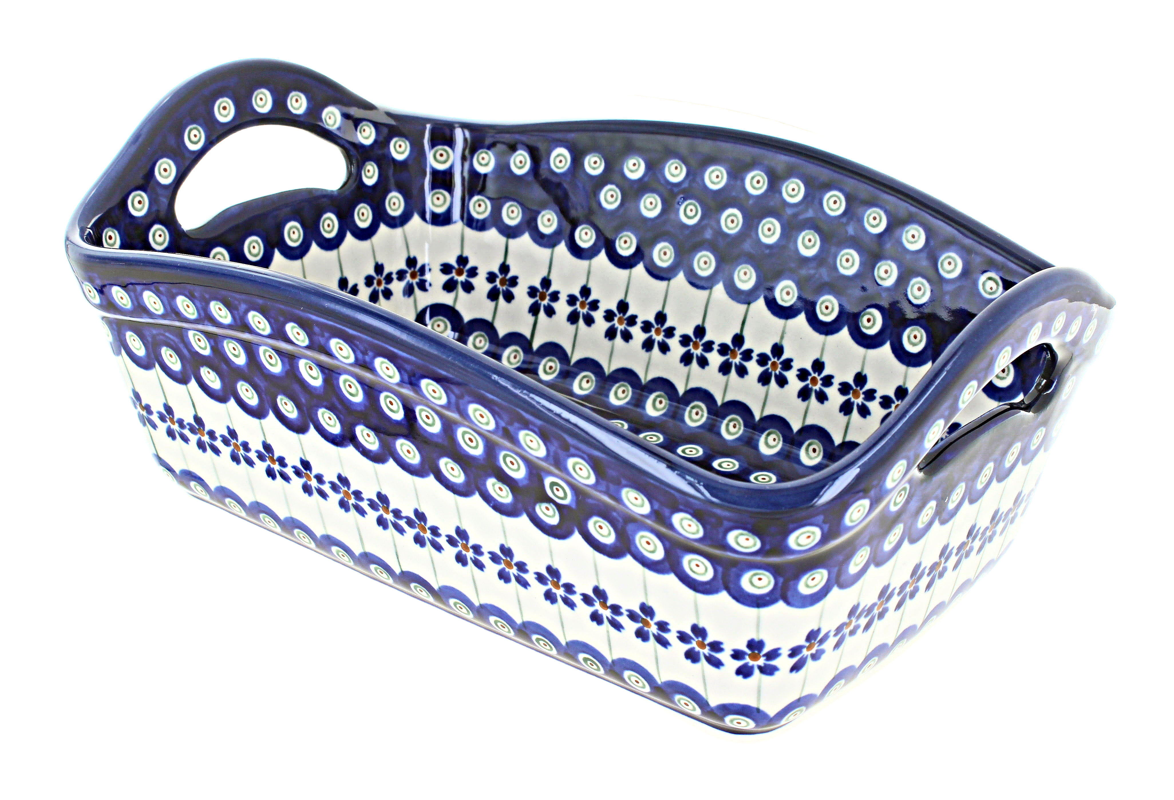 Blue Rose Polish Pottery | Flowering Peacock Basket with Handles