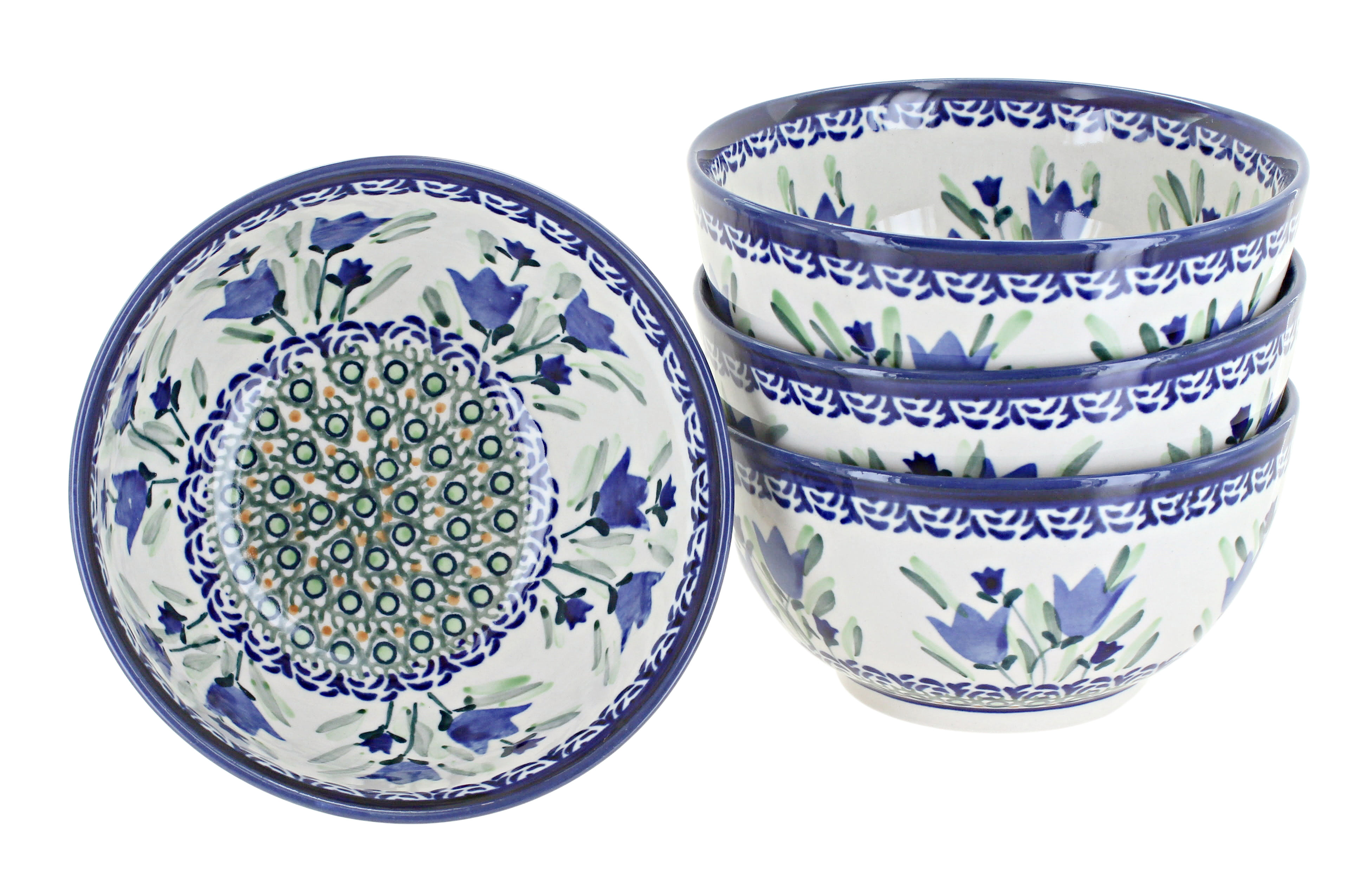 Blue Rose Polish Pottery Blue Tulip 4 Piece Dessert Bowl Set