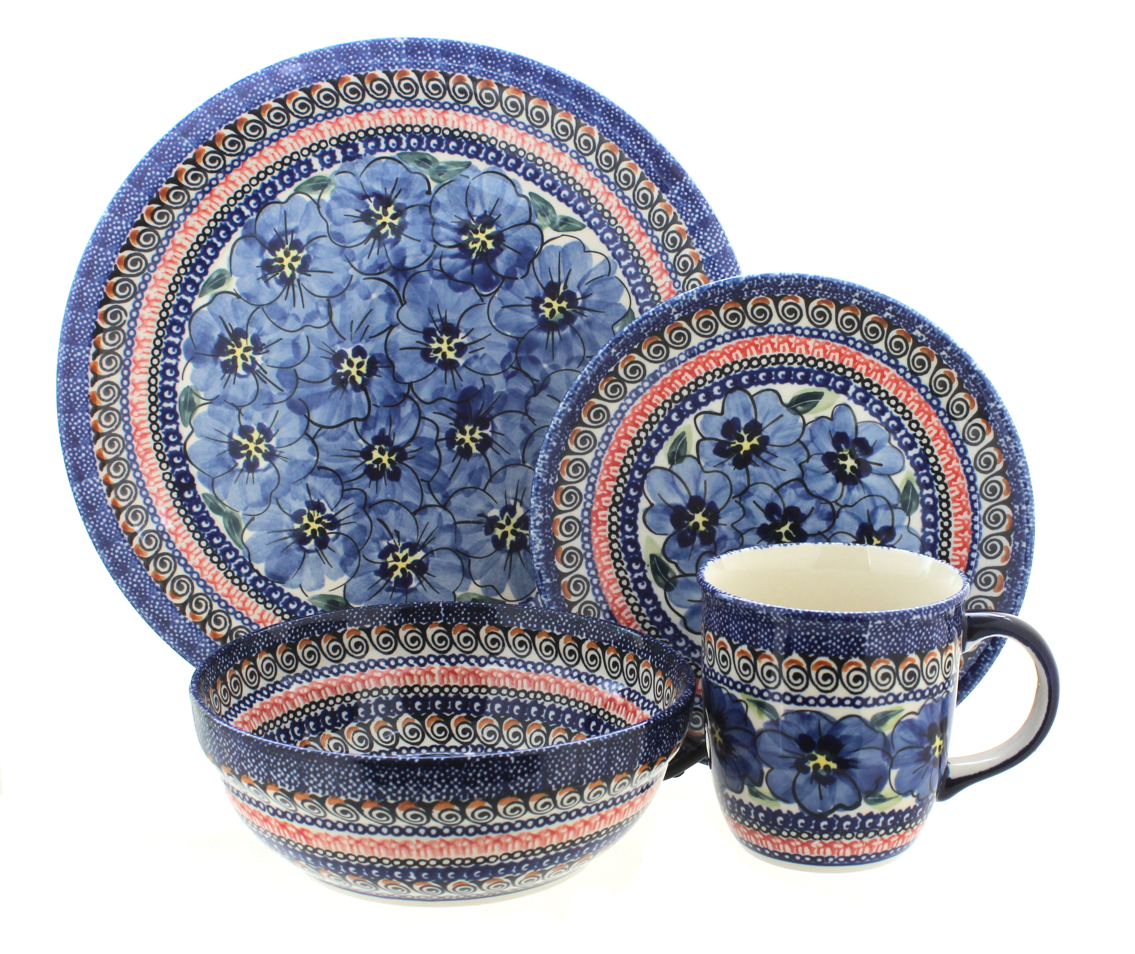Blue Rose Polish Pottery Blue Art 16 Piece Dinner Set