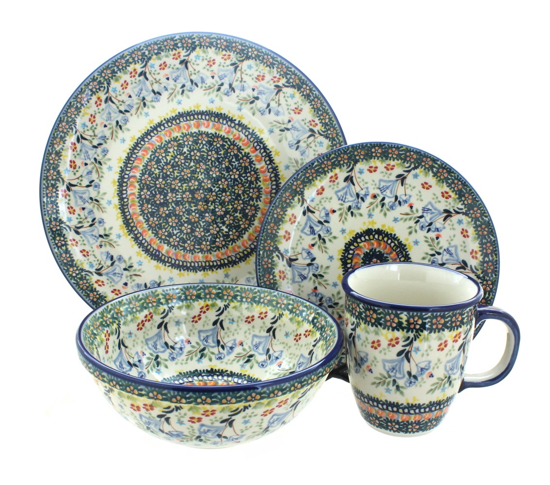Blue Rose Polish Pottery Periwinkle 4 Piece Dinner Set