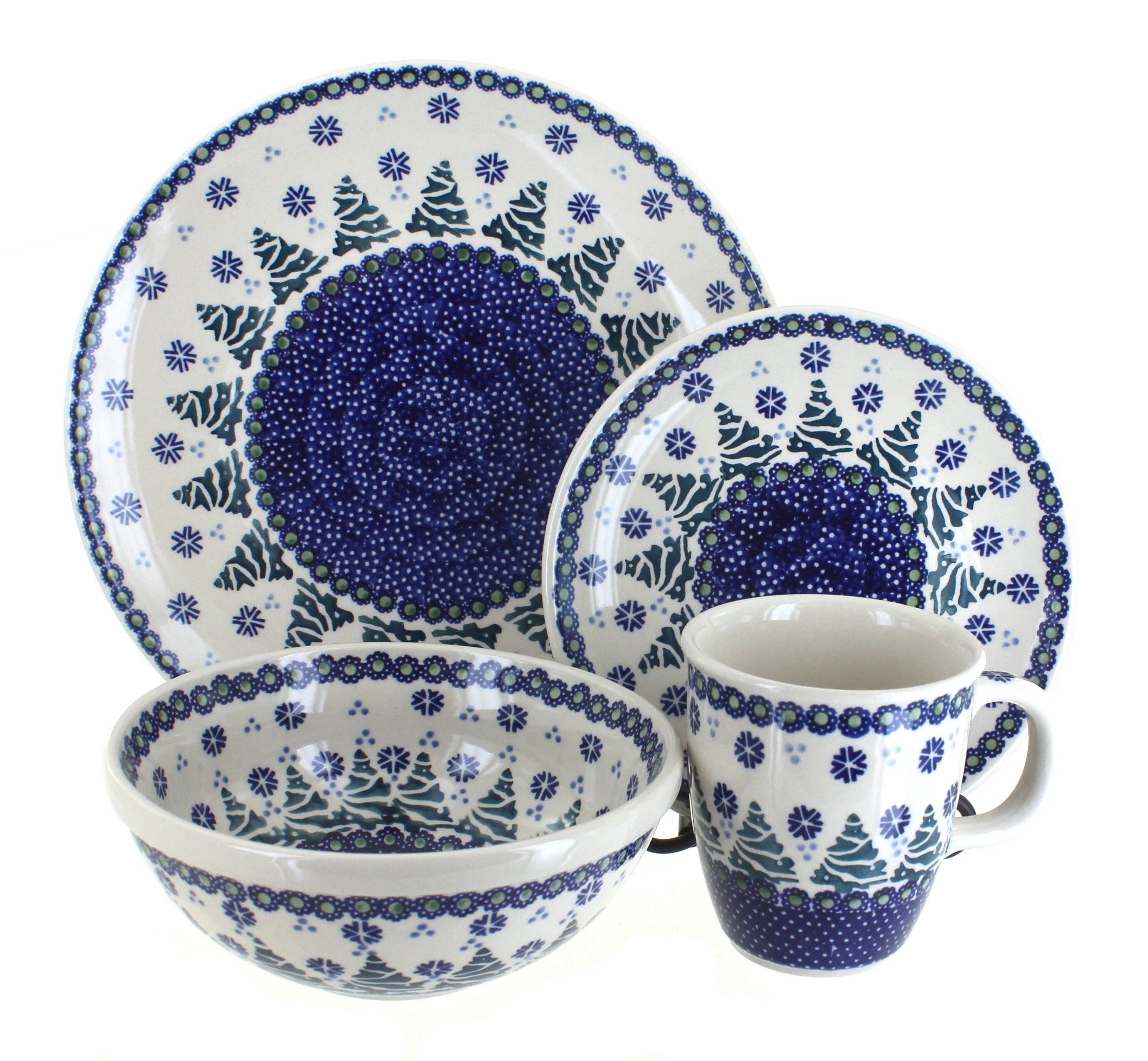 Blue Rose Polish Pottery Festive Fir 4 Piece Place Setting Service