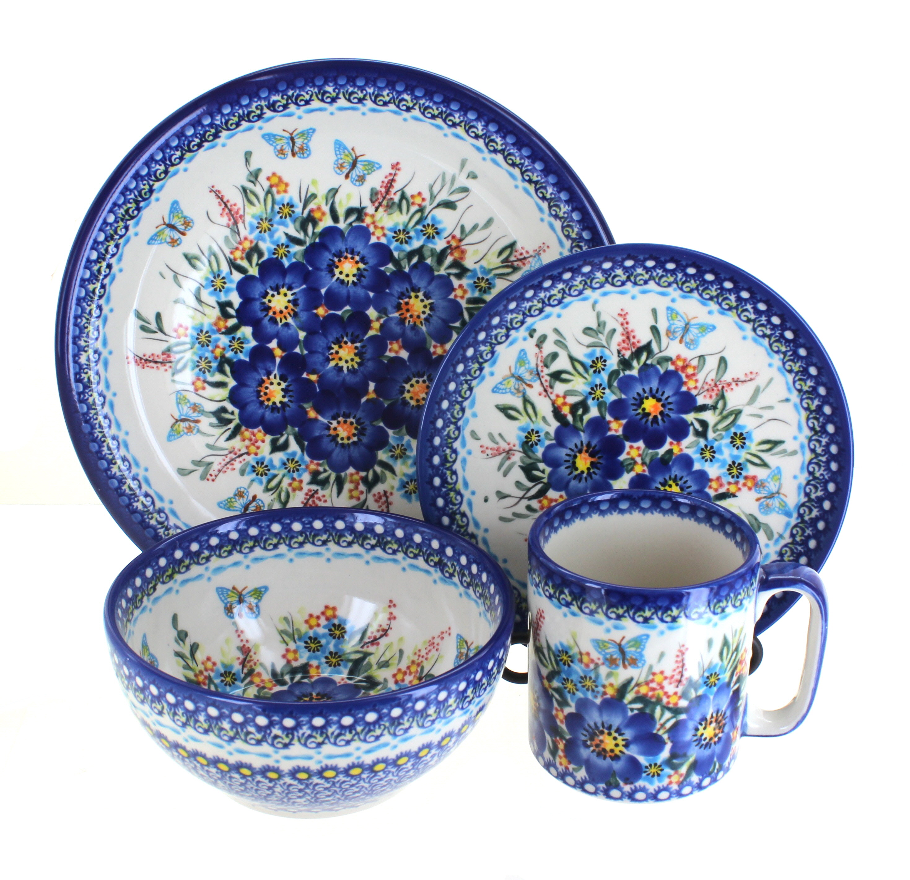 Blue Rose Polish Pottery Garden of Blue 4 PC Place Setting Service