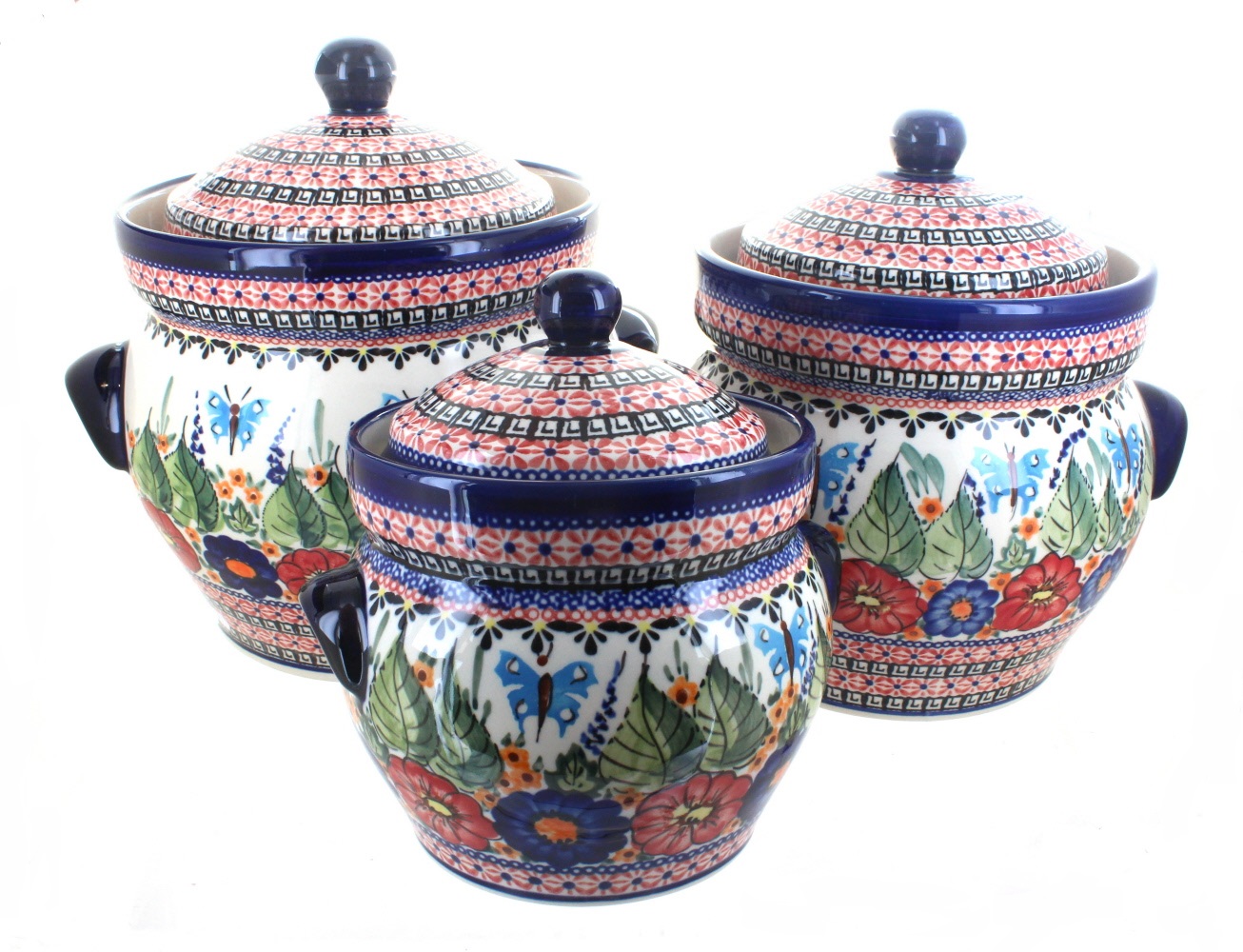 Blue Rose Polish Pottery Floral Butterfly Large Canister Set