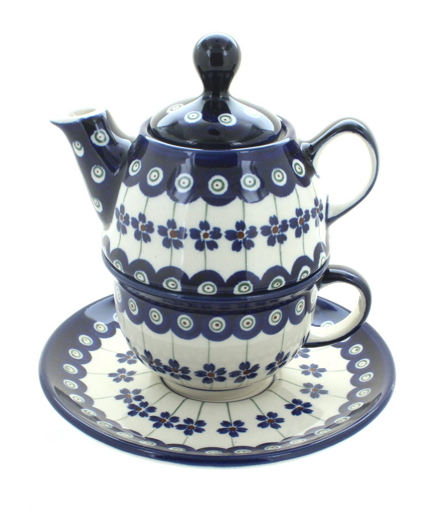 Blue Rose Polish Pottery Flowering Peacock Individual Teapot & Cup