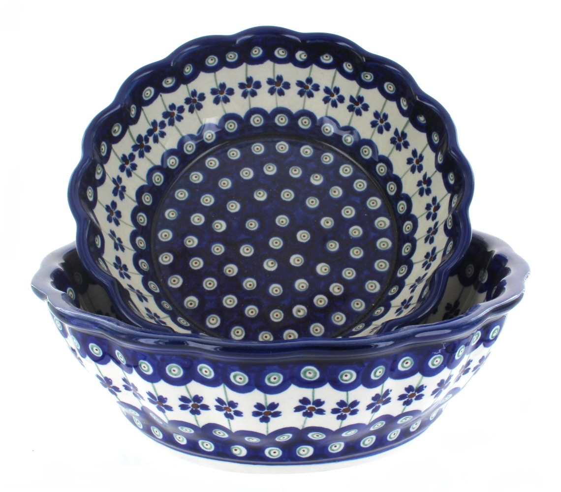 Blue Rose Polish Pottery Flowering Peacock Scallop Serving Bowl Set