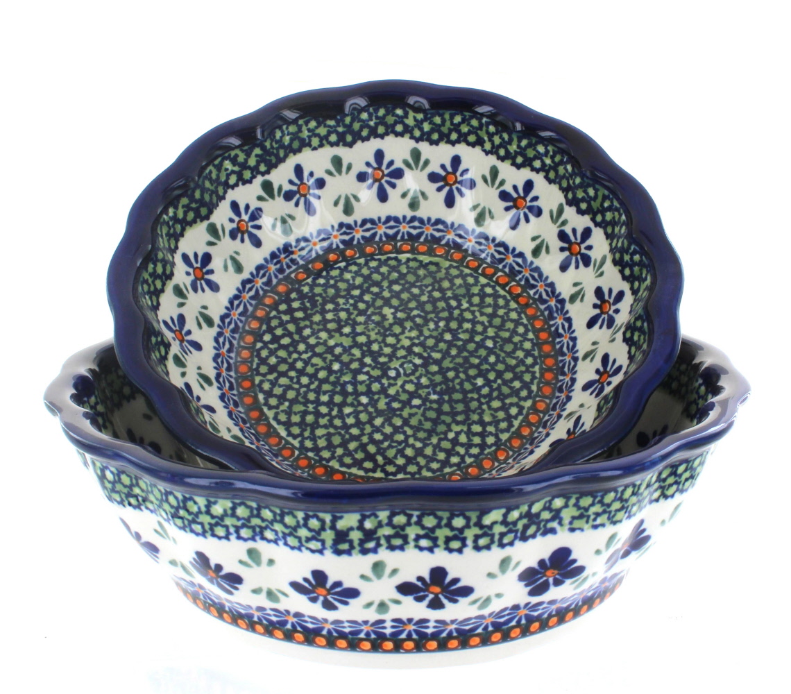 Blue Rose Polish Pottery Mosaic Flower Scallop Serving Bowl Set