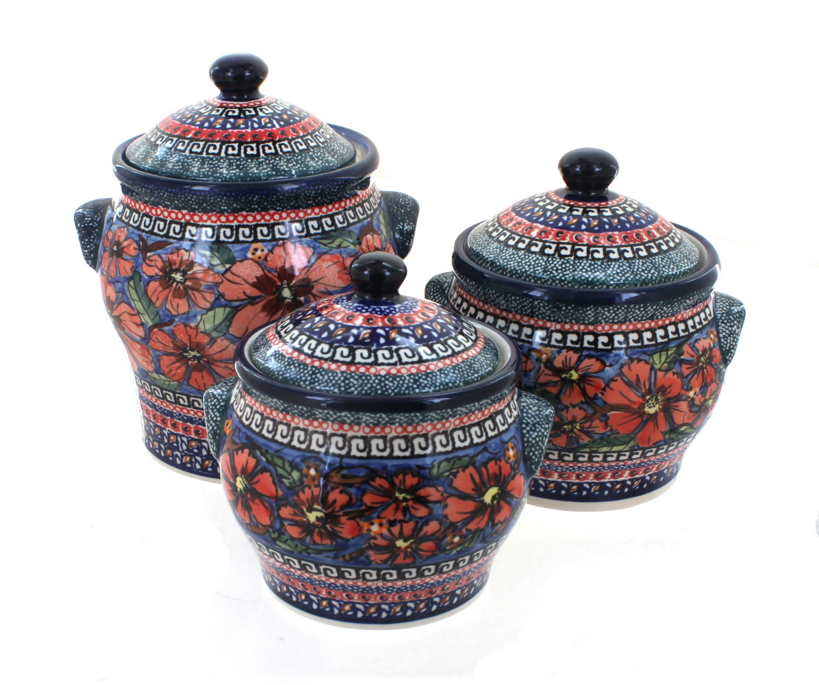Blue Rose Polish Pottery Jungle Flower Canister Set