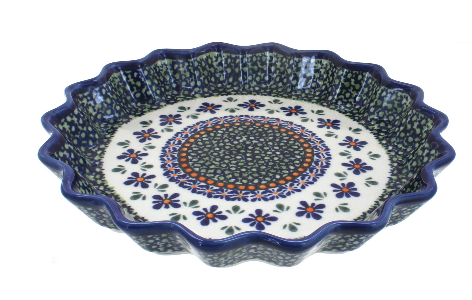 Blue Rose Polish Pottery Mosaic Flower Quiche Dish