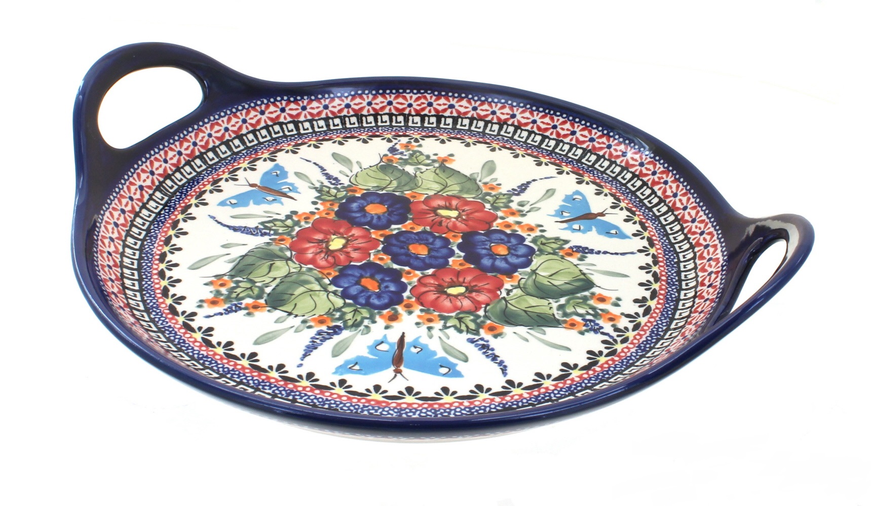 Blue Rose Polish Pottery Floral Butterfly Round Serving Tray with Handles