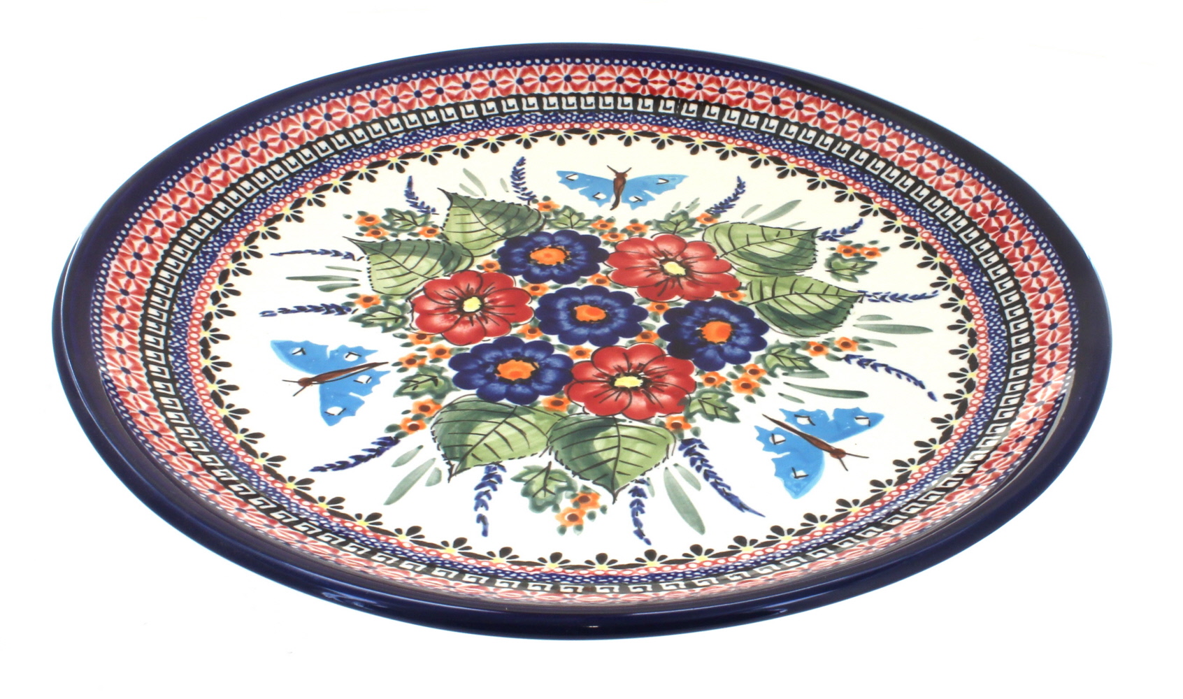 Floral Butterfly Large Round Platter - Blue Rose Polish Pottery