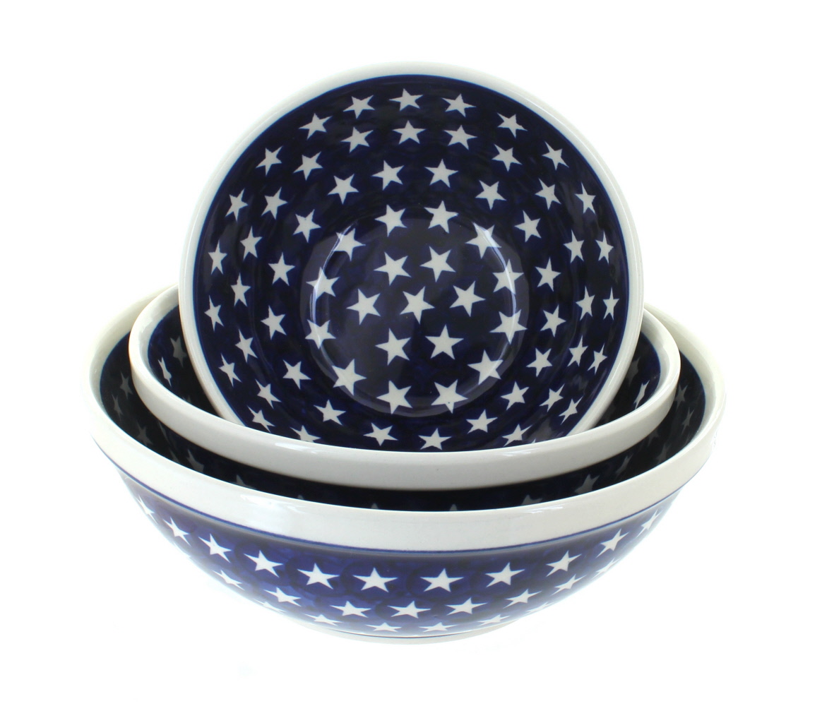 Blue Rose Polish Pottery Stars 3Piece Serving Bowl Set