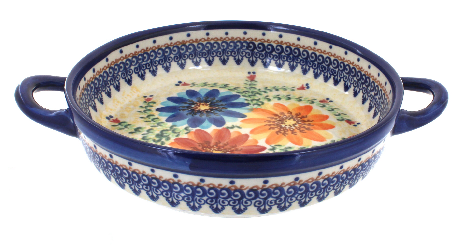 Blue Rose Polish Pottery Autumn Burst Small Round Baker with Handles