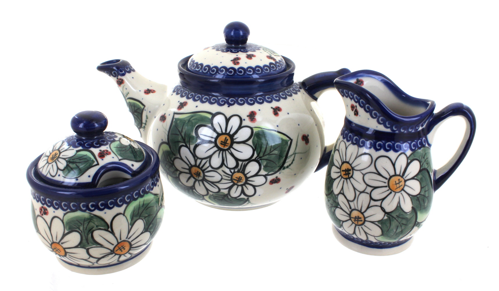 Blue Rose Polish Pottery Ladybug 3 Piece Tea Set
