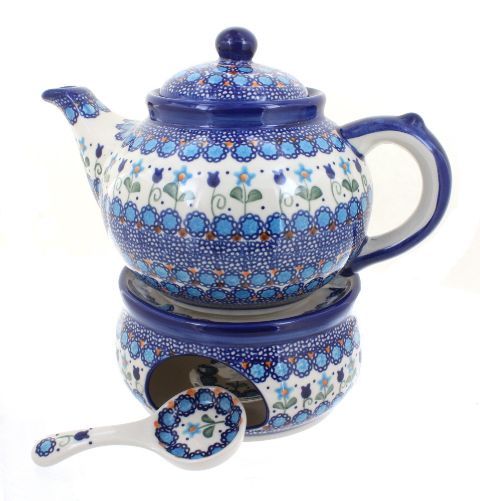 Blue Rose Polish Pottery Savannah Teapot with Warmer and Candle Holder