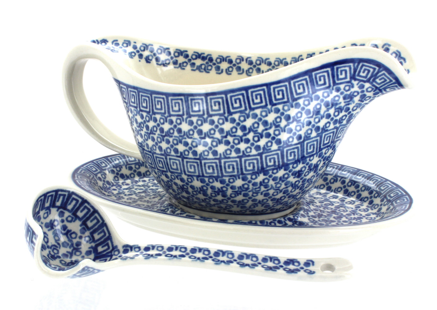 Blue Rose Polish Pottery Olympia Gravy Boat & Ladle