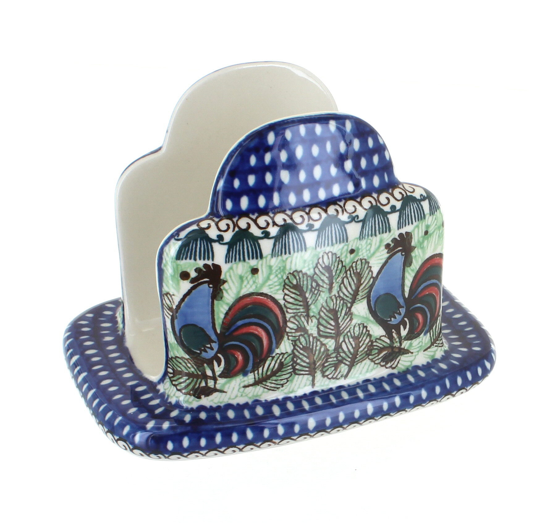 Blue Rose Polish Pottery Rooster Row Napkin Holder
