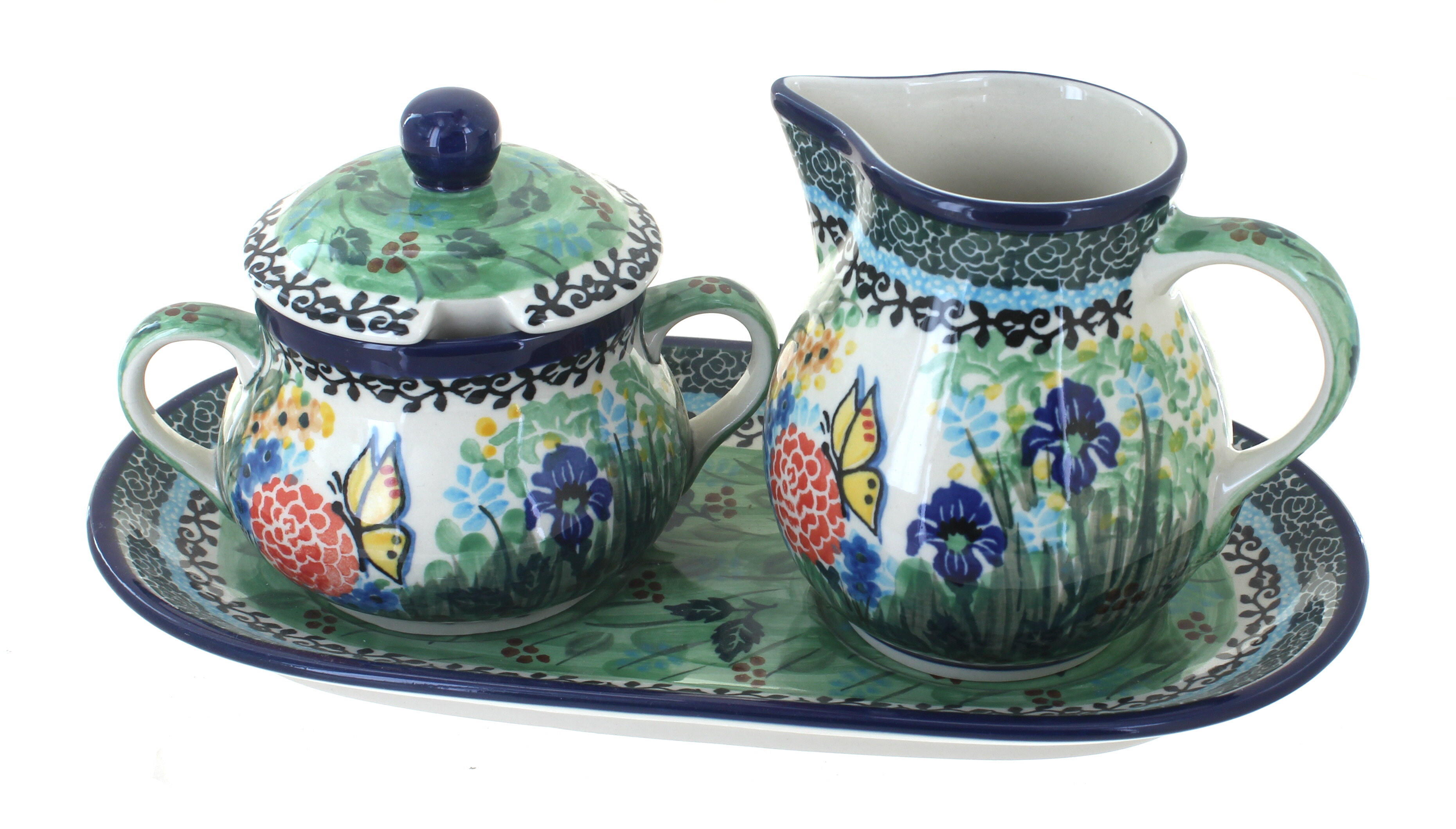 Blue Rose Polish Pottery Teresa Large Cream & Sugar Set with Tray