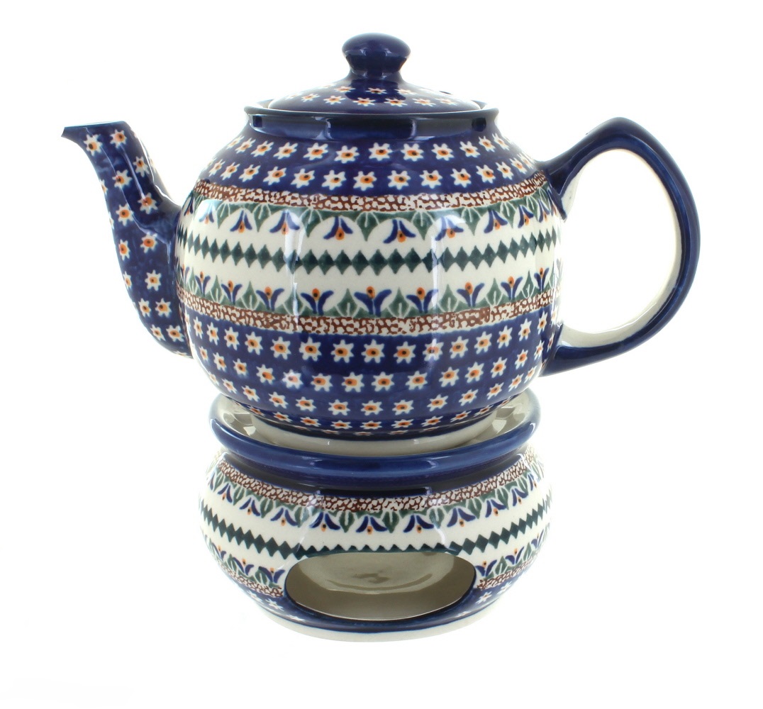 Blue Rose Polish Pottery Daisy Teapot with Warmer