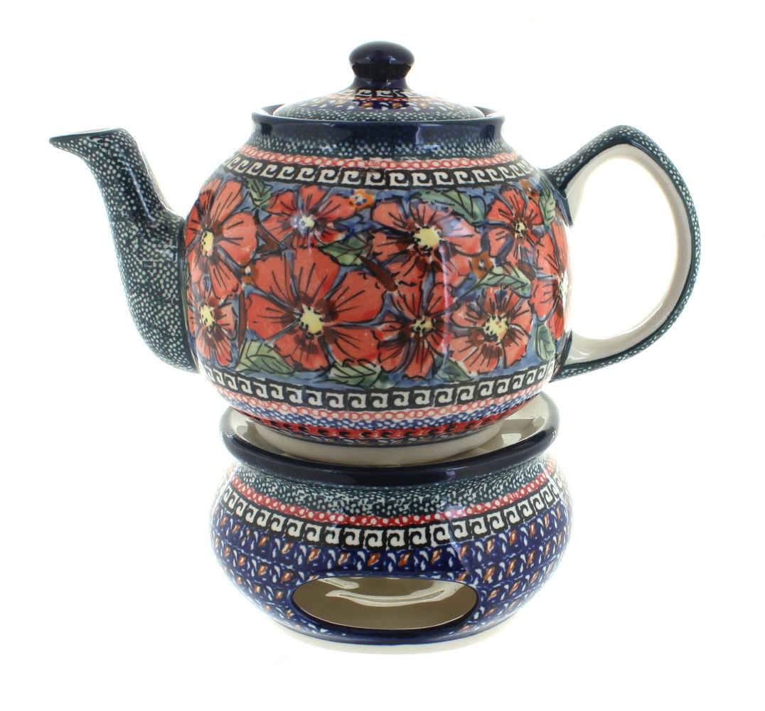 Blue Rose Polish Pottery Jungle Flower Teapot with Warmer