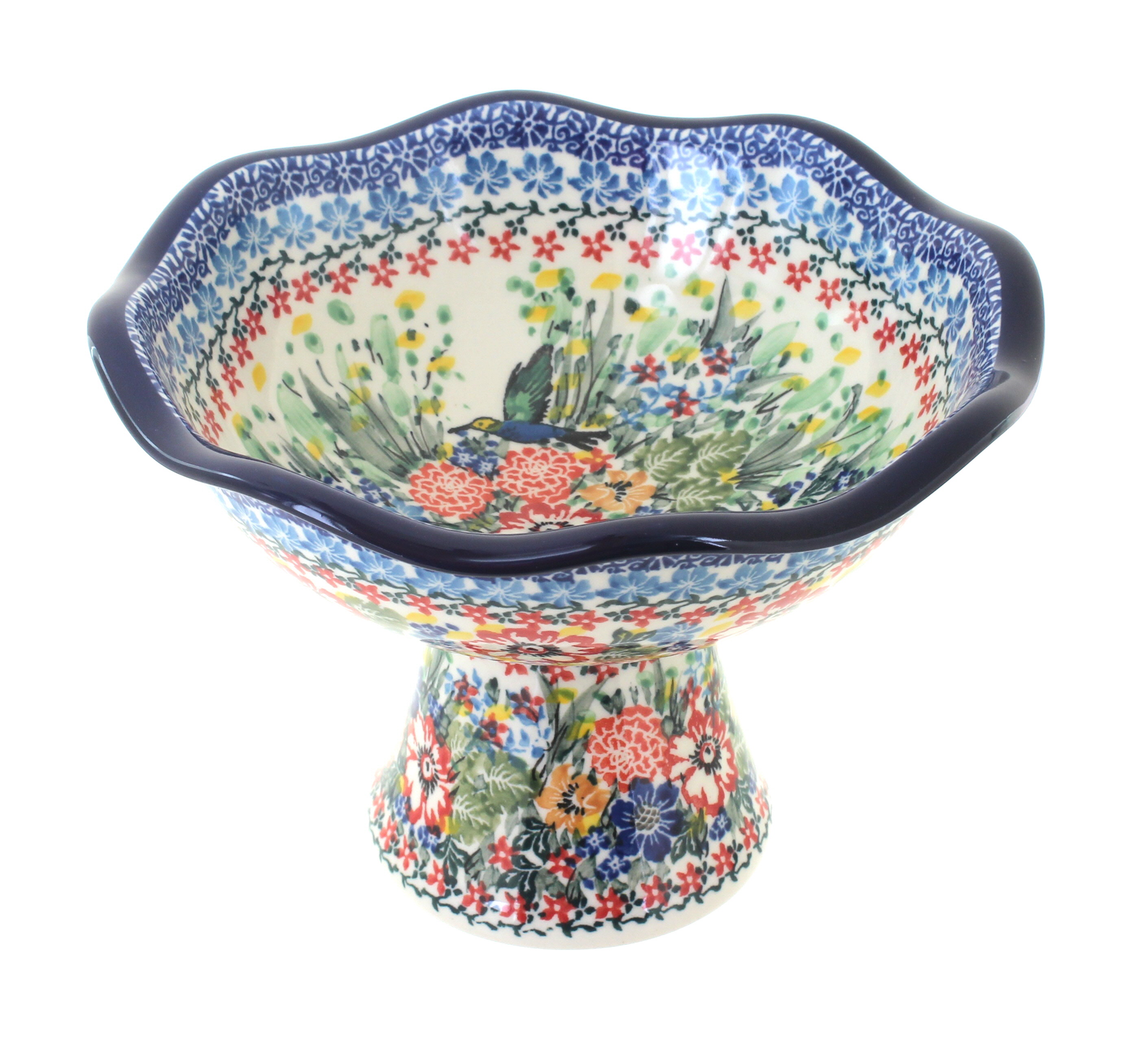 Blue Rose Polish Pottery Hummingbird Small Pedestal Dish