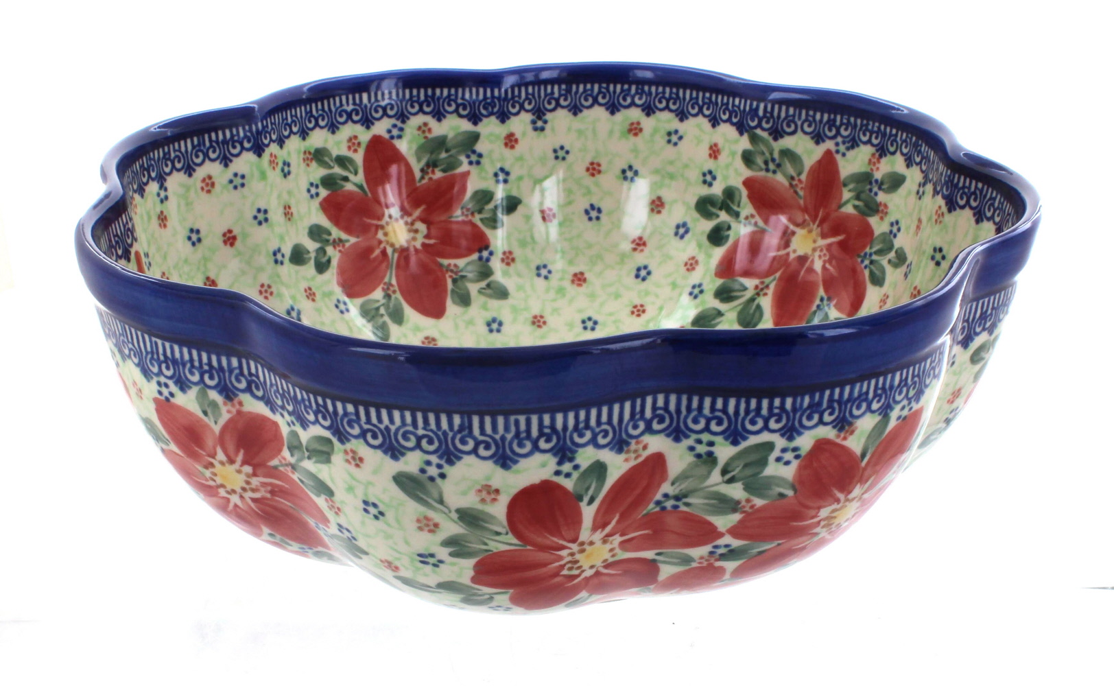 Blue Rose Polish Pottery Pointsettia Large Scallop Bowl