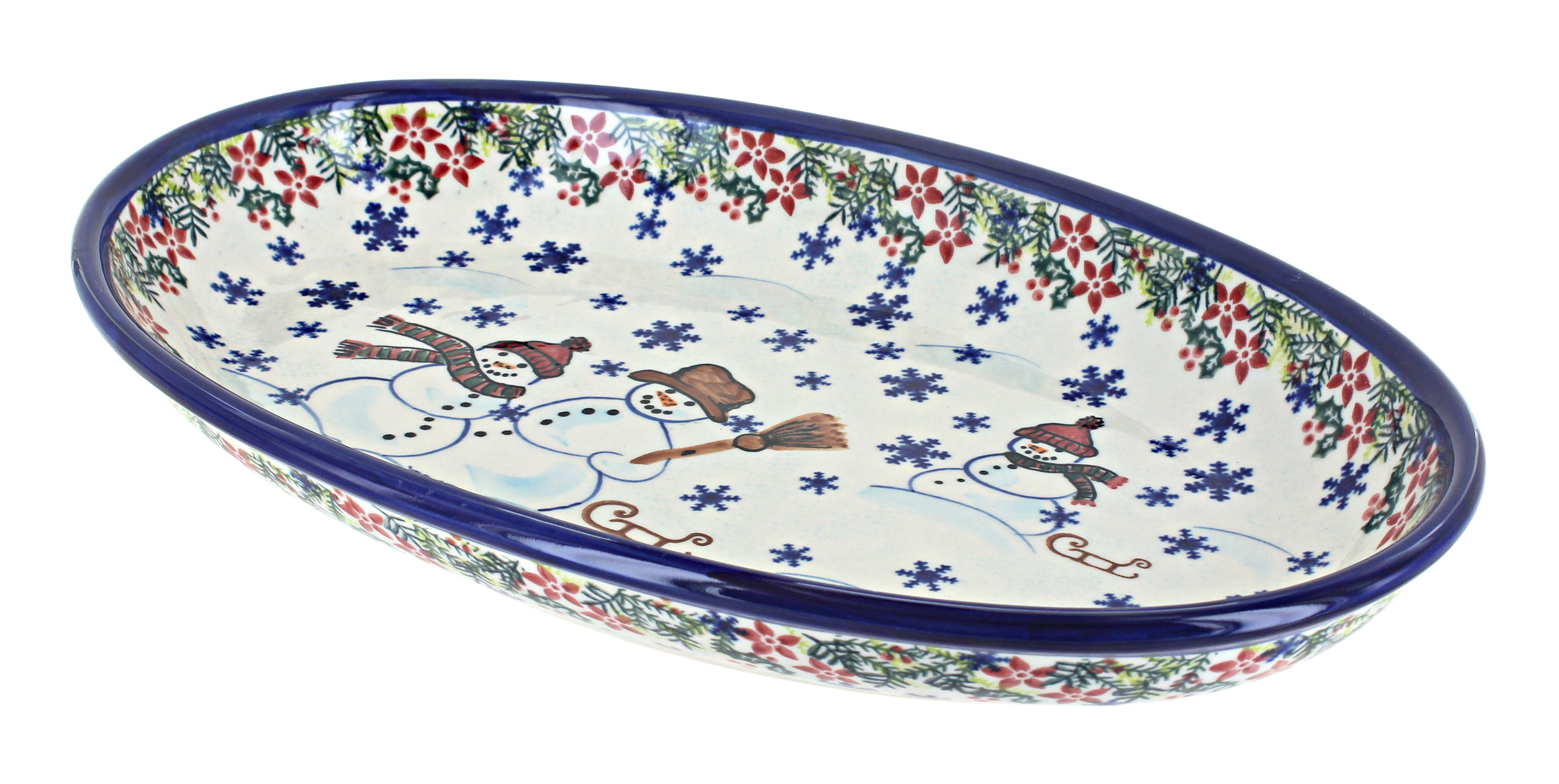 Blue Rose Polish Pottery Snowflake Friends Oval Platter