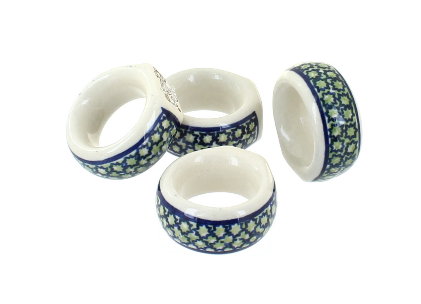 Blue Rose Polish Pottery Mosaic Flower Napkin Ring Set