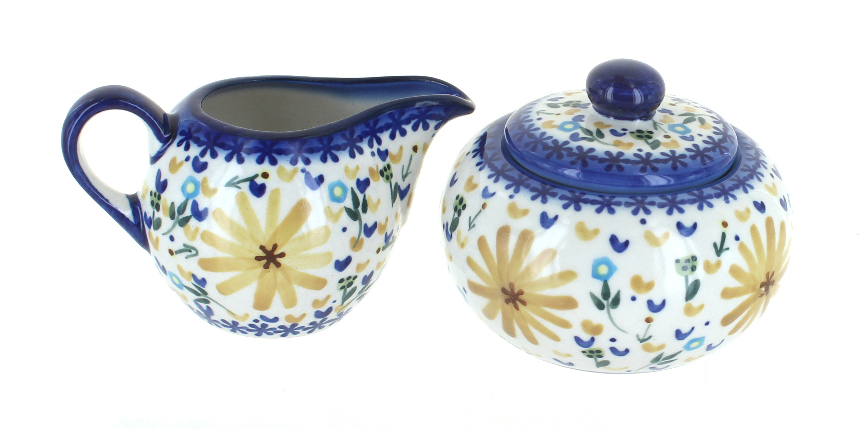WR Unikat Yellow Daisy Sugar Bowl & Creamer Set Polish Pottery