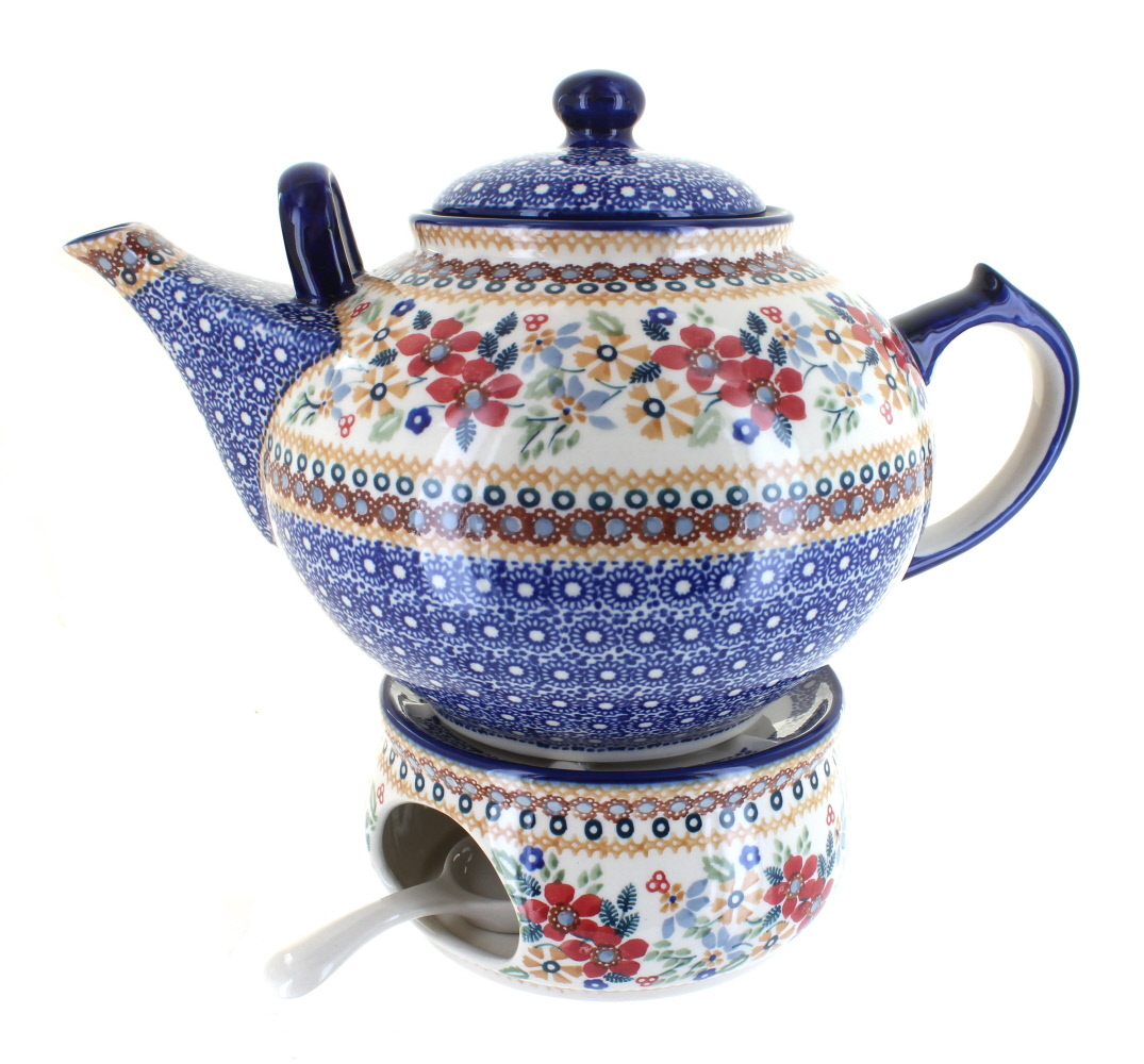 Blue Rose Polish Pottery Red Daisy Large Teapot & Warmer