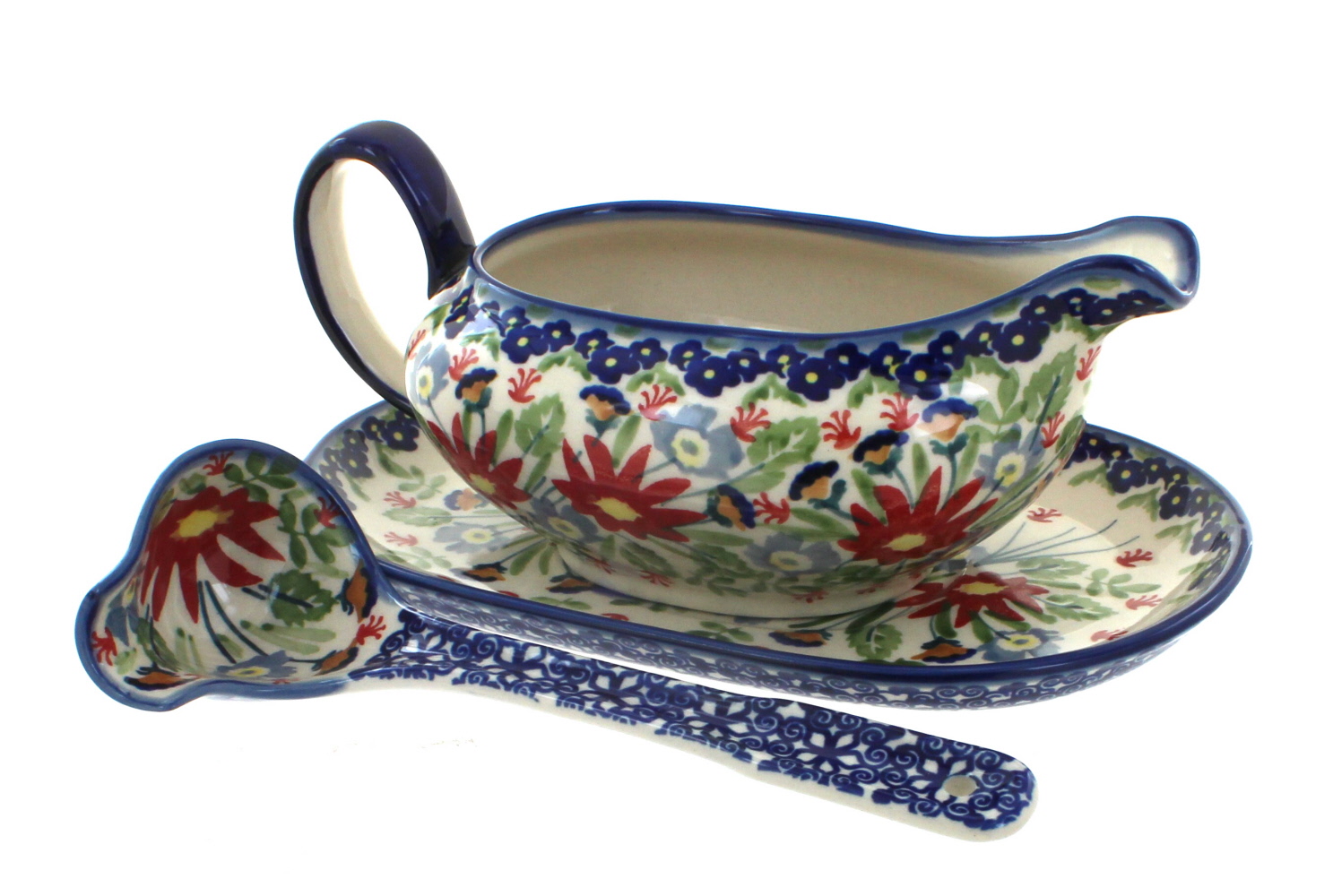 Blue Rose Polish Pottery Jungle Bouquet Gravy Boat & Ladle