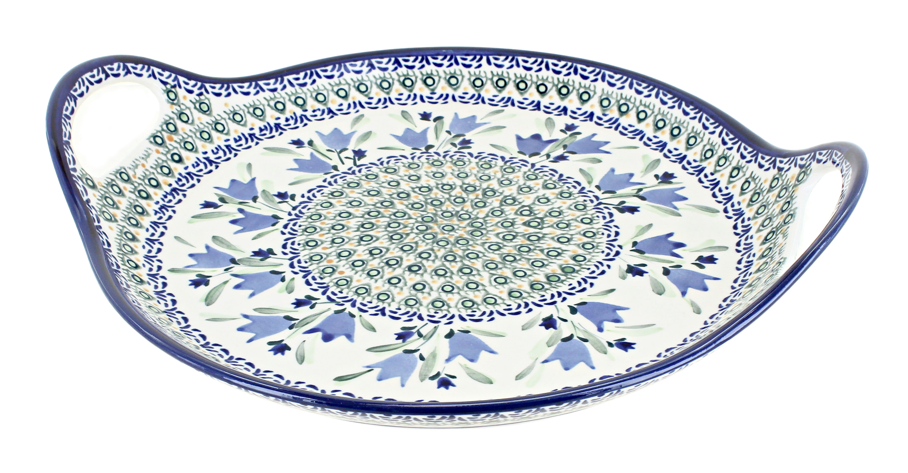 Blue Rose Polish Pottery | Blue Tulip Round Serving Tray with Handles