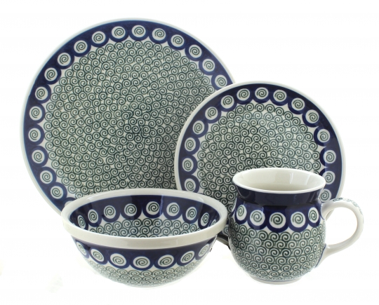Blue Rose Polish Pottery Peacock Swirl 16 Piece Dinner Set