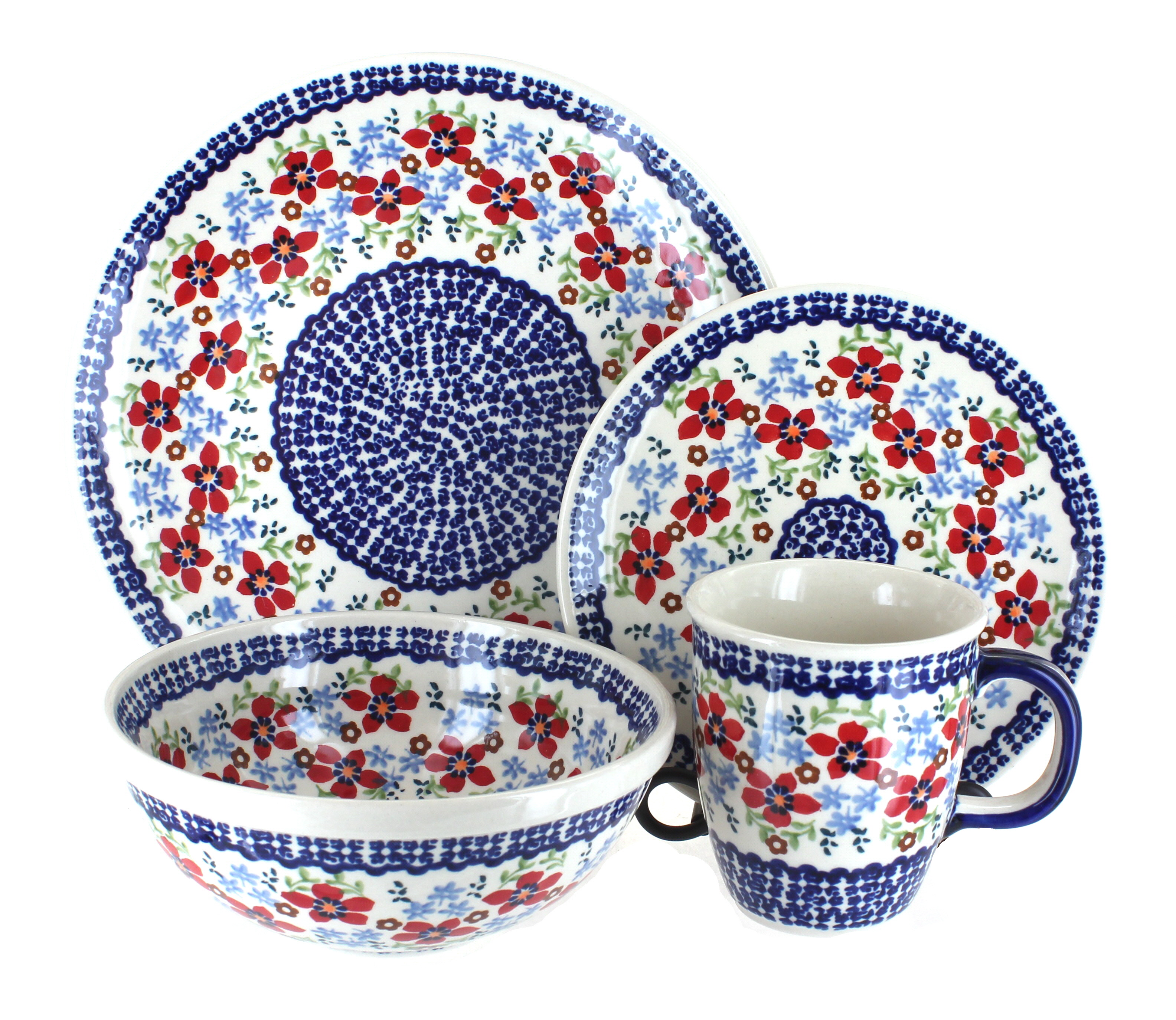 Blue Rose Polish Pottery Red Poppy 16 PC Dinnerware Set