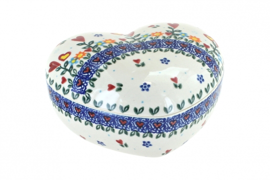 Blue Rose Polish Pottery Hearts Flowers Large Heart Box