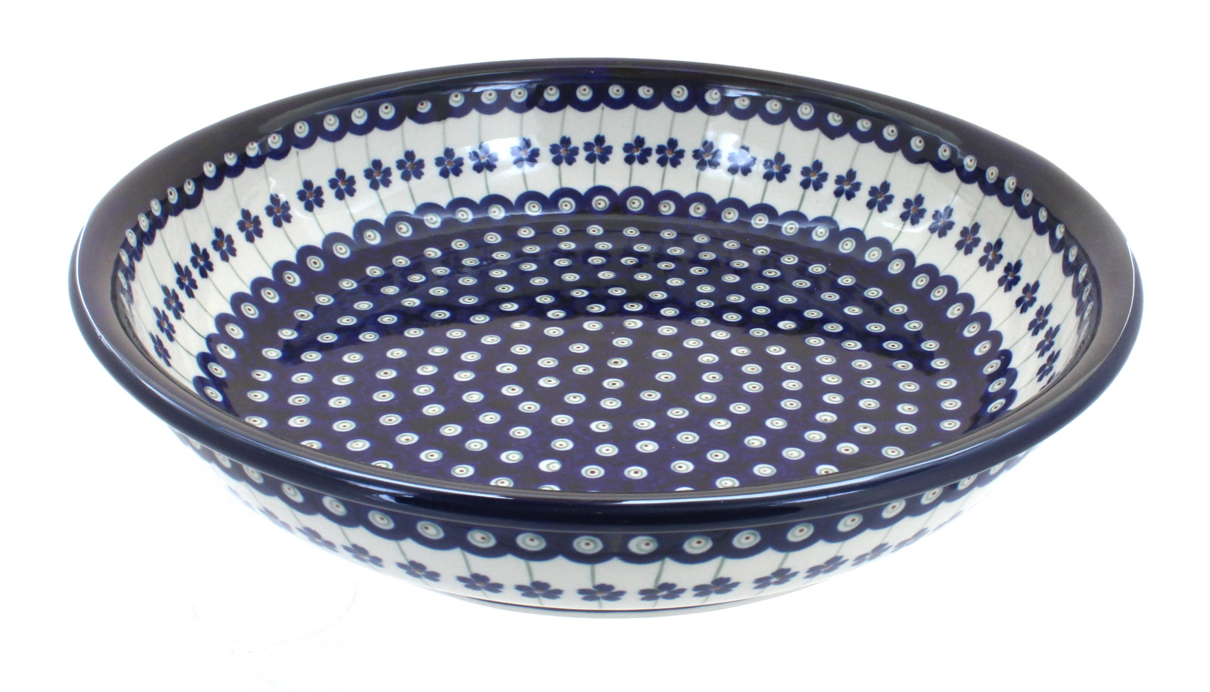 Blue Rose Polish Pottery Flowering Peacock Large Shallow Serving Bowl