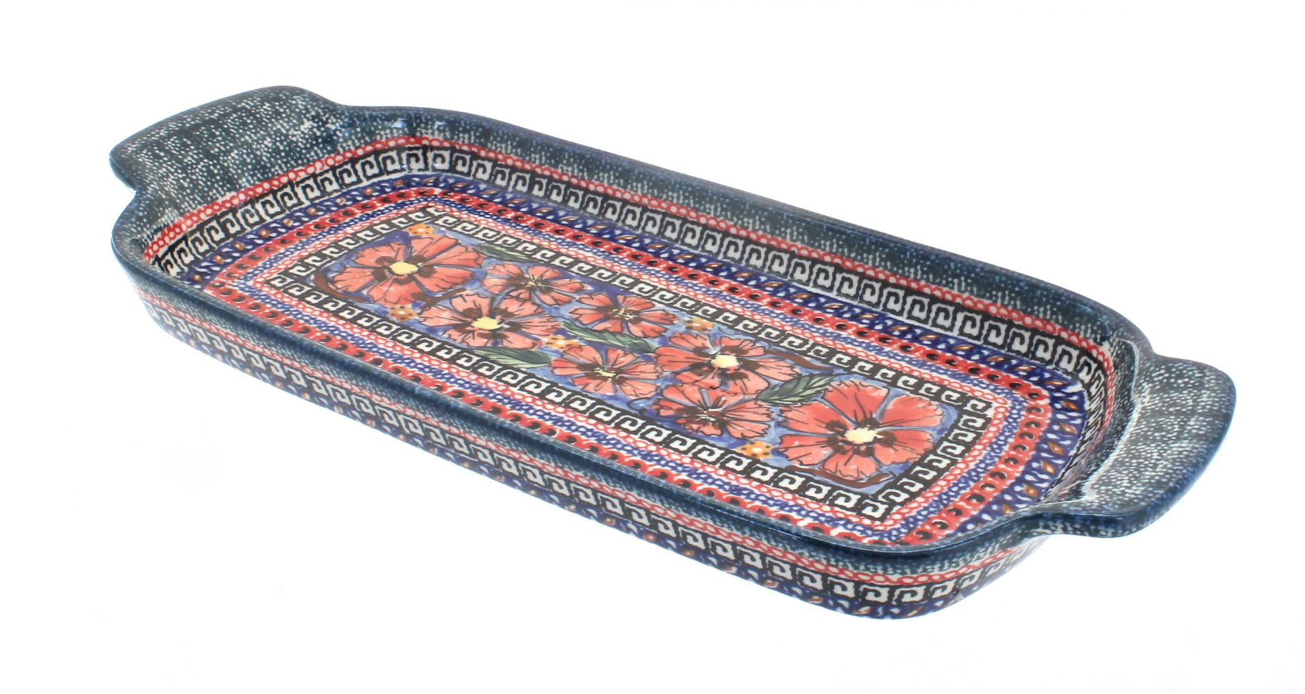 Blue Rose Polish Pottery Jungle Flower Bread Tray with Handles