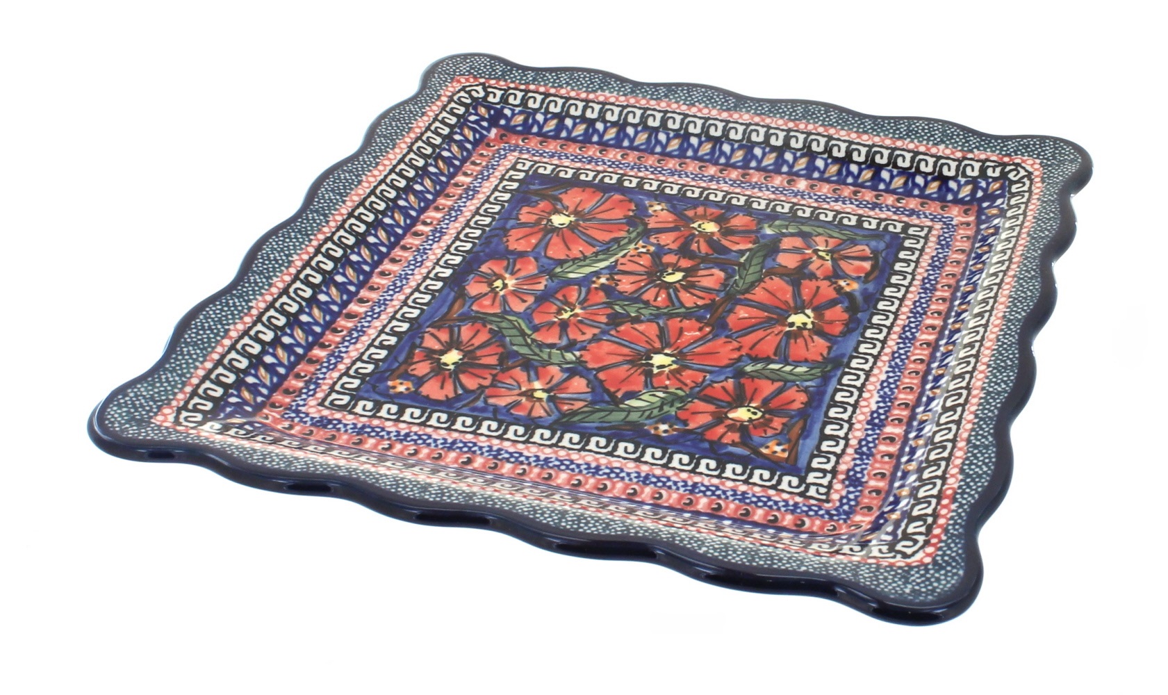 Blue Rose Polish Pottery Jungle Flower Square Lunch Plate