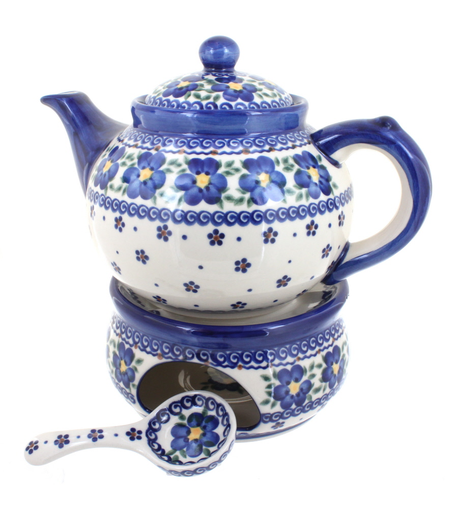 Blue Rose Polish Pottery Spring Blossom Teapot with Warmer & Candle