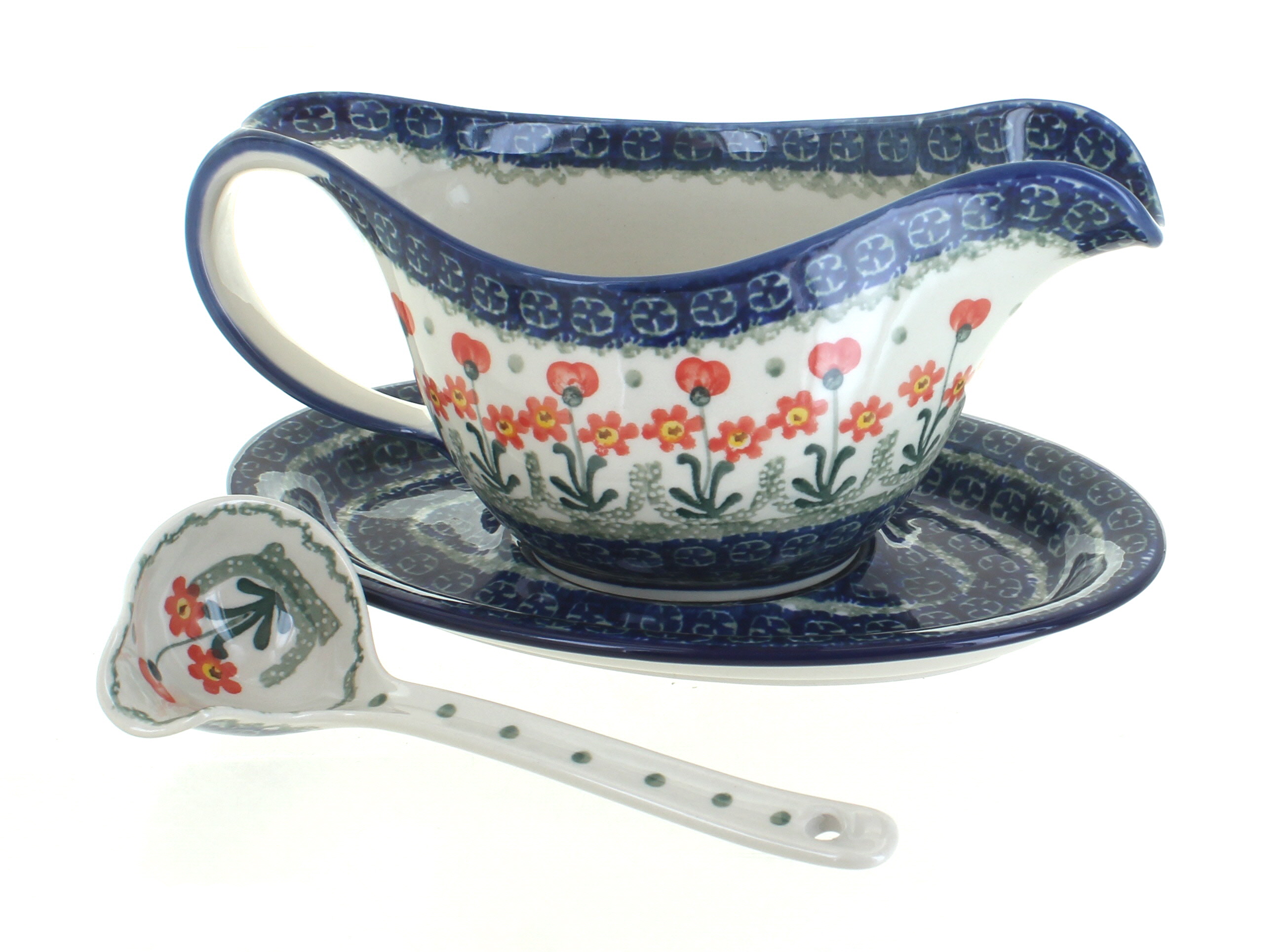 Blue Rose Polish Pottery Peach Posy Gravy Boat & Ladle