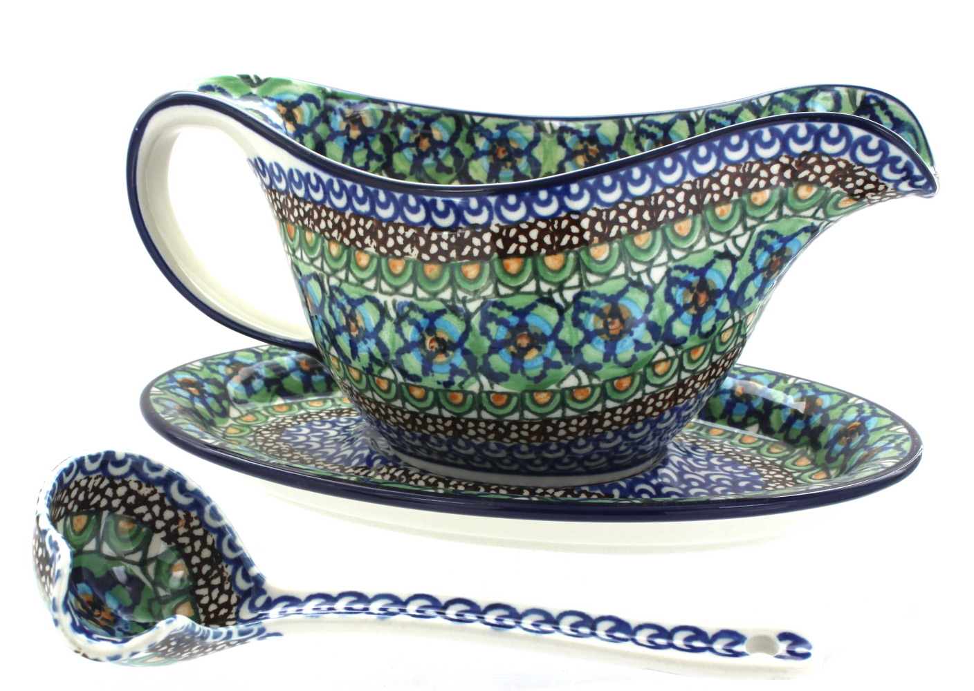 Blue Rose Polish Pottery Mardi Gras Gravy Boat & Ladle