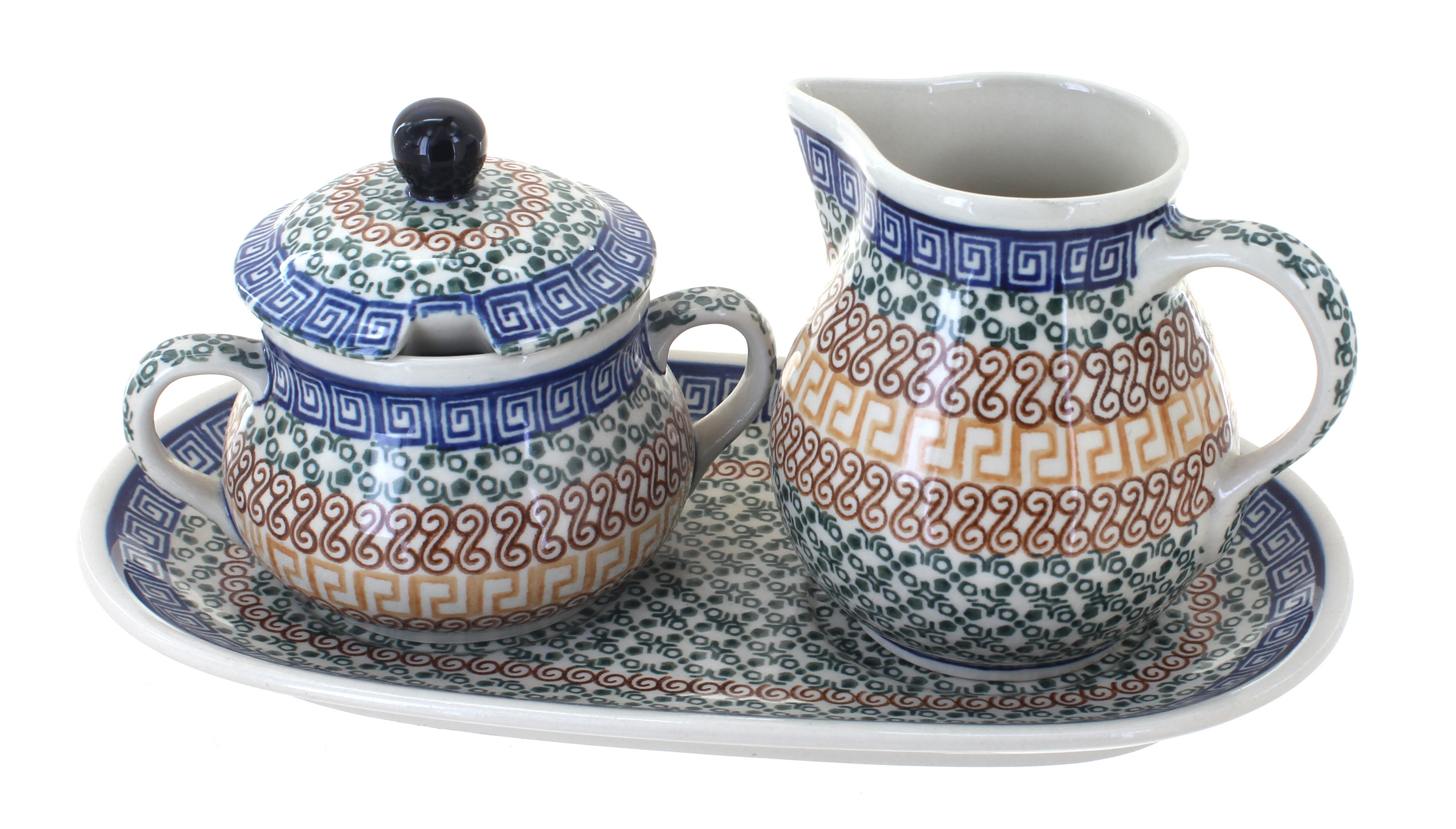 Polish Pottery Periwinkle Sugar & Creamer with Tray 