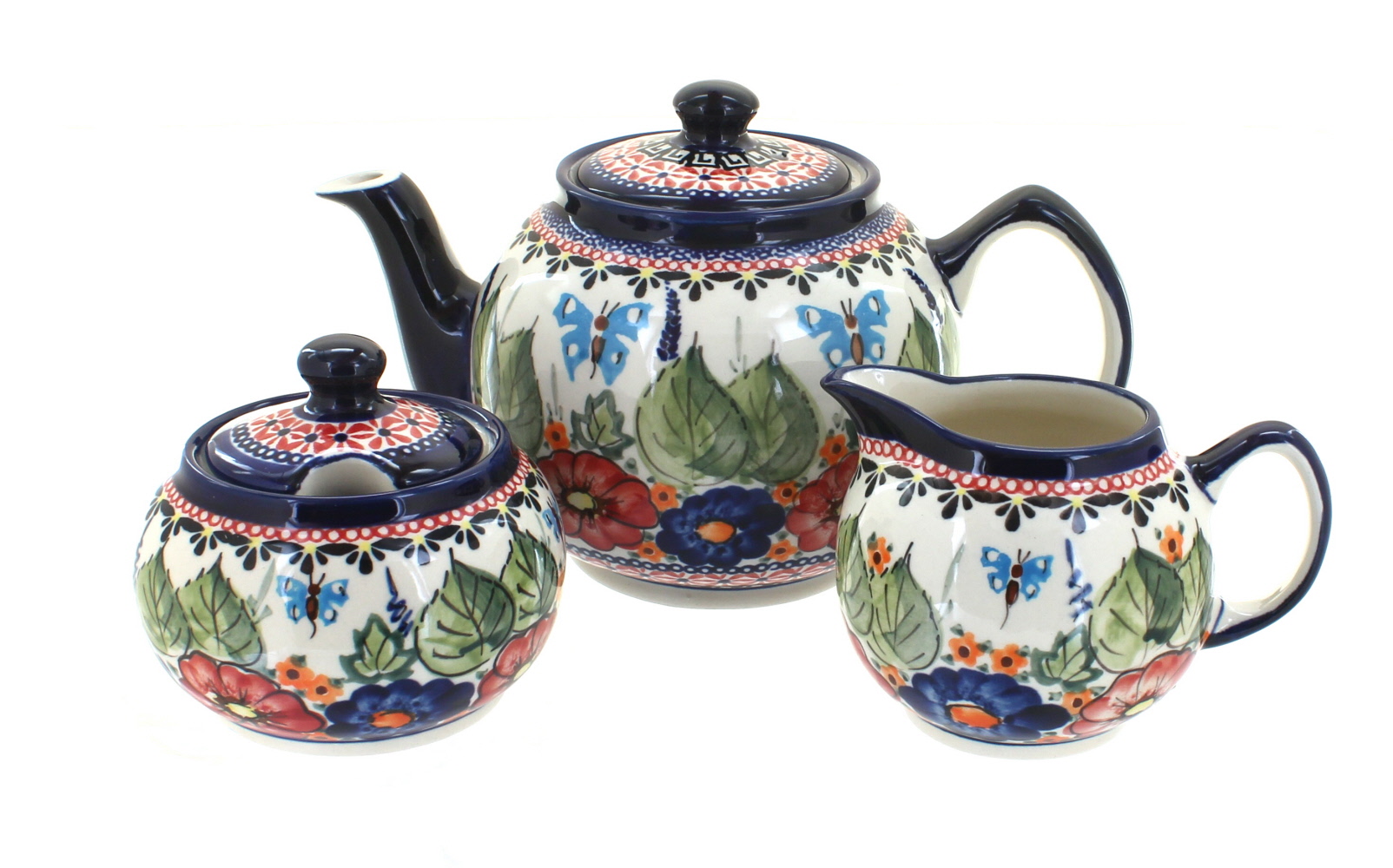 Blue Rose Polish Pottery Floral Butterfly Three Piece Tea Set