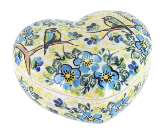 Blue Rose Polish Pottery Bluebird Garden Large Heart Box