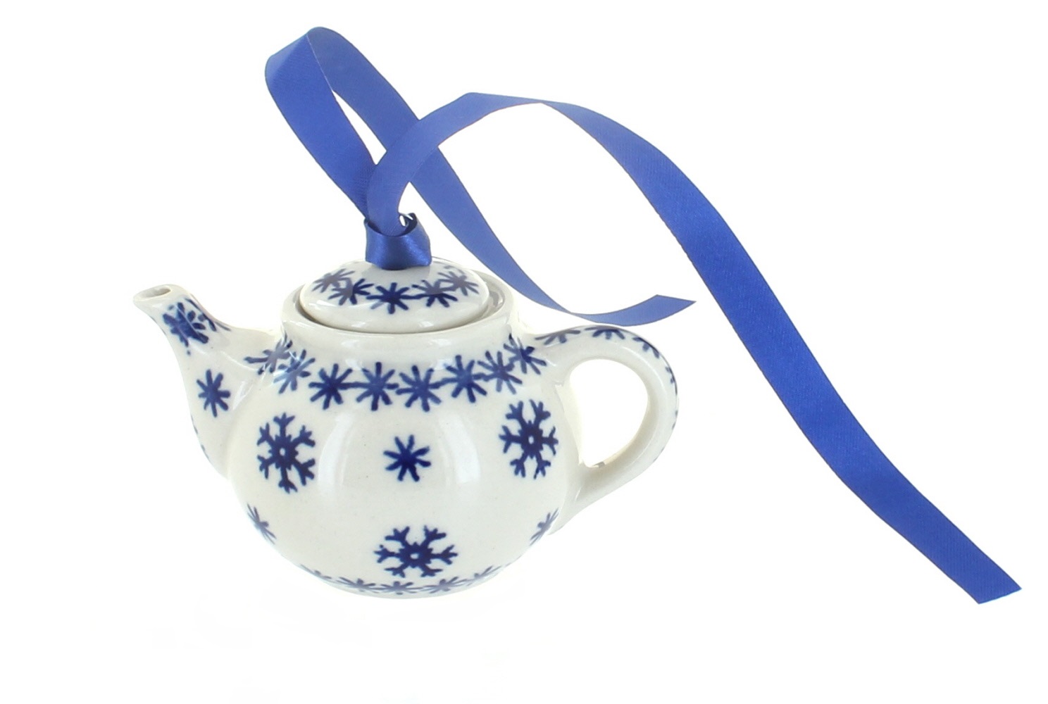Blue Rose Polish Pottery Snow Flurry Teapot Ornament