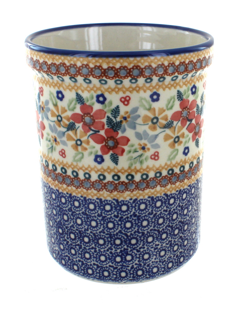 Blue Rose Polish Pottery Red Daisy Utensil Jar