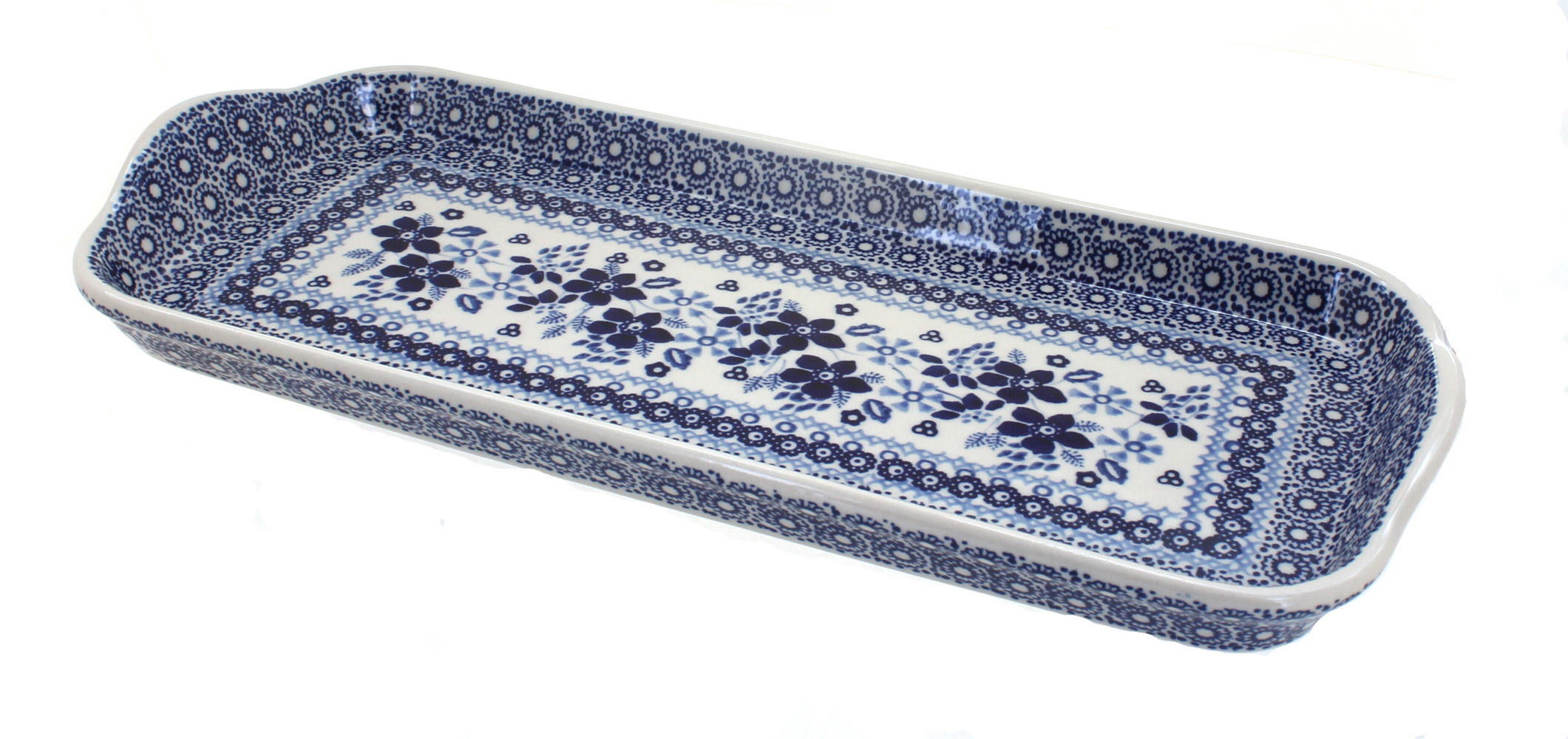 Blue Rose Polish Pottery Vintage Blue Daisy Bread Tray with Handles