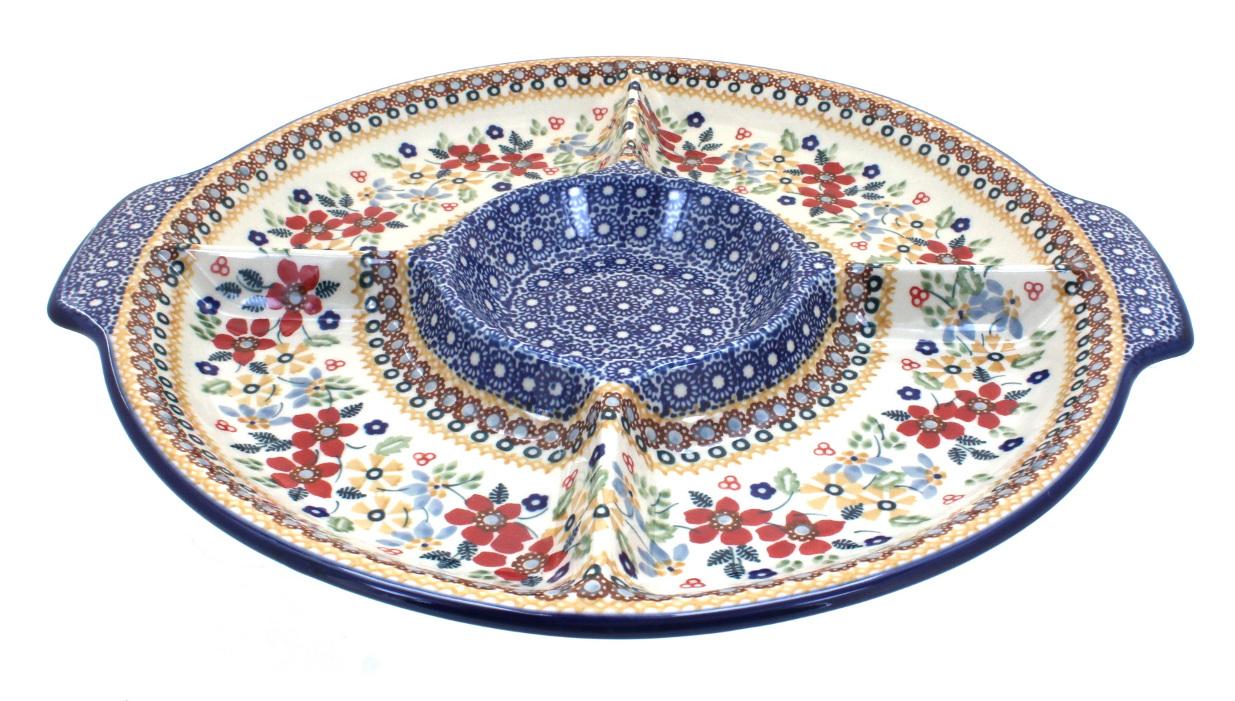 Blue Rose Polish Pottery Red Daisy Chip & Dip Plate